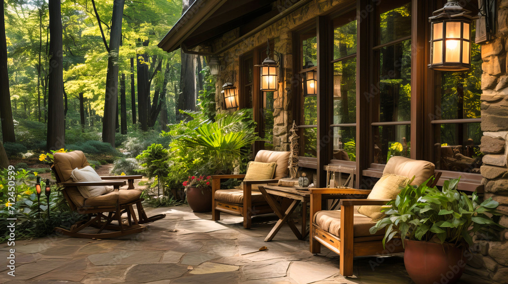Porch Serenity: Wooden Patio Furniture, Greenery, and a Relaxing Outdoor Space for Ultimate Leisure.