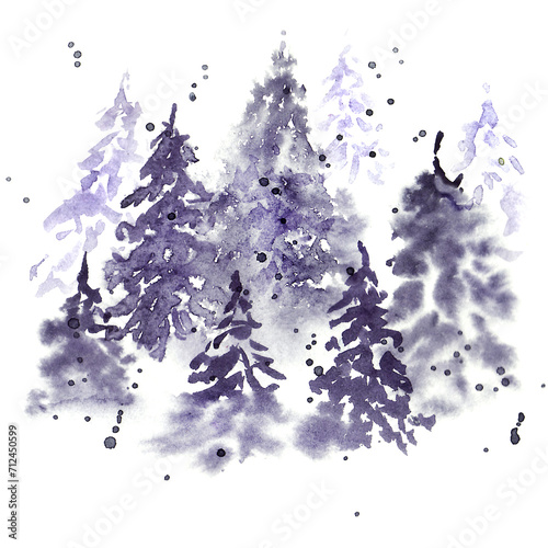 Coniferous forest of fir trees with splashes in a painting technique