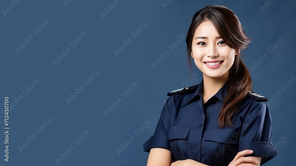 Asian woman in navy uniform smiling isolated on pastel background Asian woman in navy uniform smiling isolated on pastel background