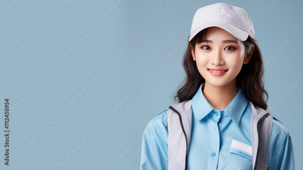 Asian woman in postal officer uniform isolated on pastel background Asian woman in postal officer uniform isolated on pastel background