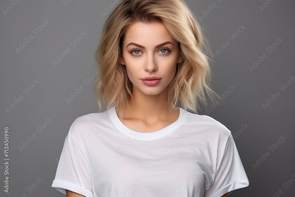 Woman in White Tshirt Mockup created with Generative AI Woman in White Tshirt Mockup created with Generative AI