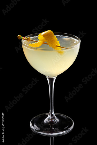 French 75 cocktail with lemon hard seltzer instead of champagne.Black background
