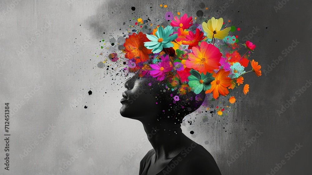 Mental Growth: Contemplative Figure with Flower Burst