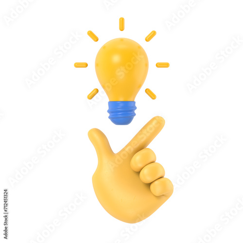 Pointing finger up on bulb as a symbol big idea. Having new creative idea. Problem solution metaphor.3d illustration flat design. Thinking processes. Hand gesture Like.Supports PNG files with transpar photo