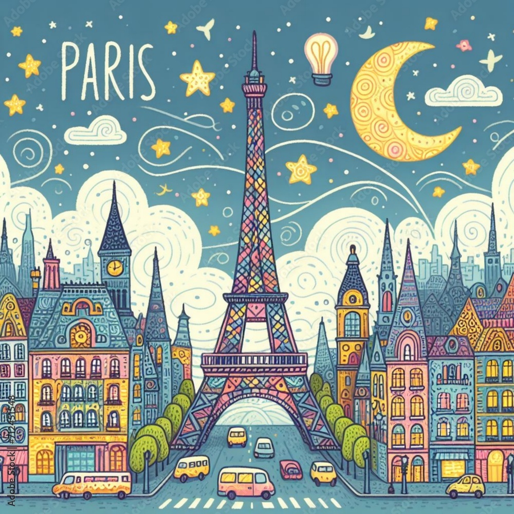 Paris Tower cartoon vector design,colorful illustration background,drawing art child painting,AI generated