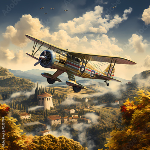 Vintage biplane flying over a scenic landscape.