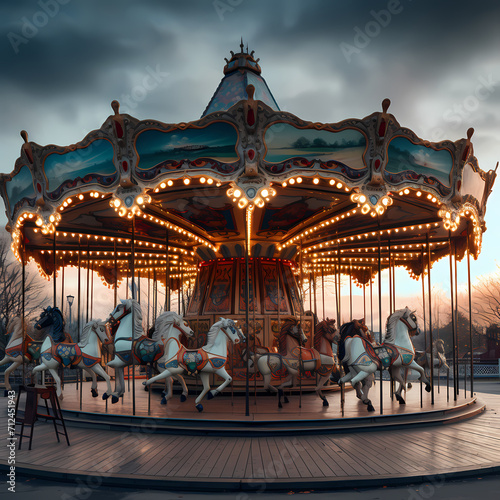 Vintage carousel in an empty amusement park. © Cao