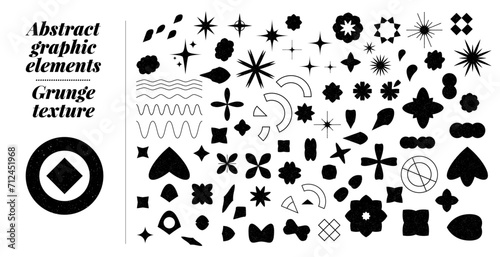 Gran set de formas variadas, con textura grunge. Recursos graficos para pegatinas de venta, descuento, iconos, insignias. Formas abstractas variadas vectorizadas, circulares, alargadas, con textura