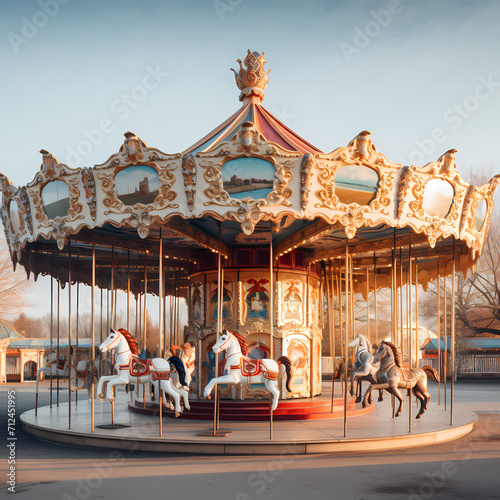 Vintage carousel in an empty amusement park. © Cao