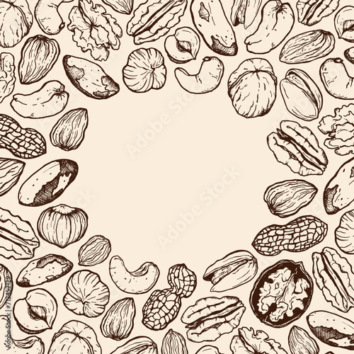 Vector line art square composition of mix nuts. Hand painted card of pistachio, walnut, hazelnut and almond on beige background. Tasty food illustration for design, print, fabric or background.