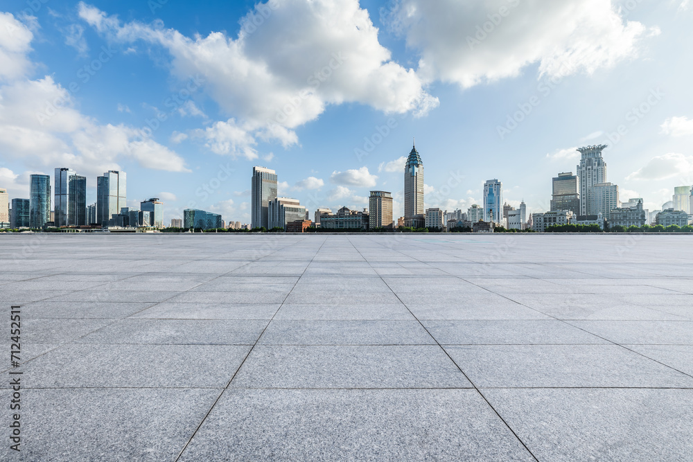 Empty square floor and city building scenery in Shanghai. Famous Bund landmark in Shanghai.