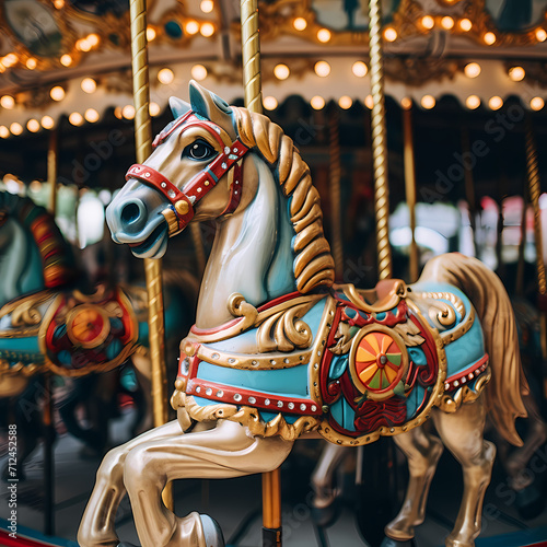 Whimsical carousel with brightly painted horses.