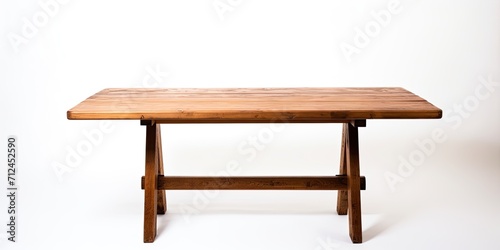 Detailed handmade wooden table on a white backdrop.