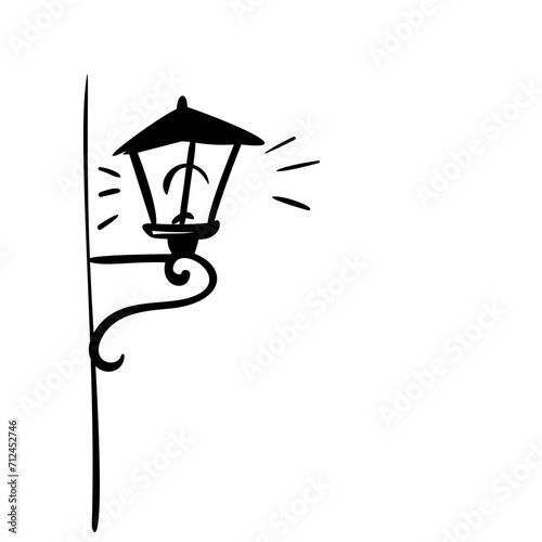 Street lamp simple doodle, decorative retro gas lamp hand drawn black line sketch isolated on white attached to a wall vector illustration