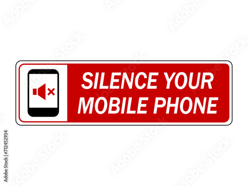 Silence your mobile phone. Information sign with smartphone icon and text on the right side. Horizontal strip. Sticker