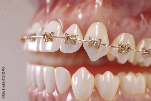Schematic representation of dental braces on teeth, close up
