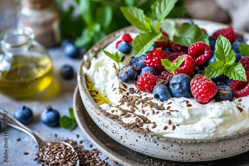 Cream cheese with ground and whole flax seeds and flax seed oil in a bowl, with fresh photo