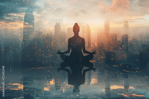 Double exposure photo of a woman meditating and a city background, meditation, mindfulness concept, stress relief, self-care, spirituality
