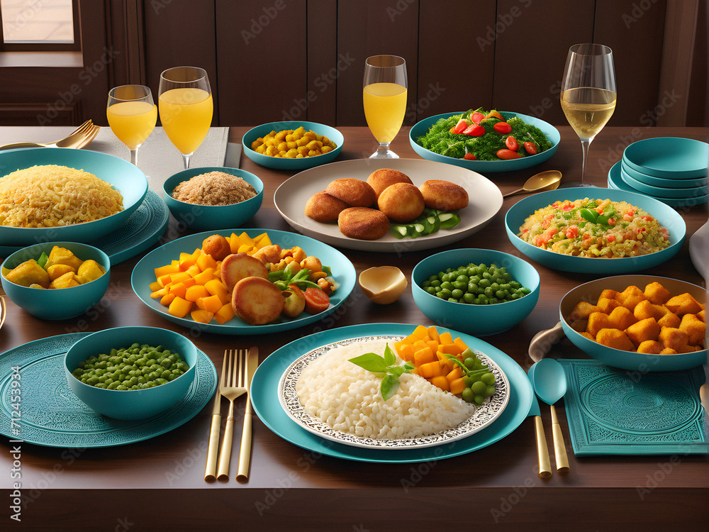 Sustainable Iftar Setting: Beautifully Arranged Table with Durable Utensils and Eco-Friendly Materials. generative AI