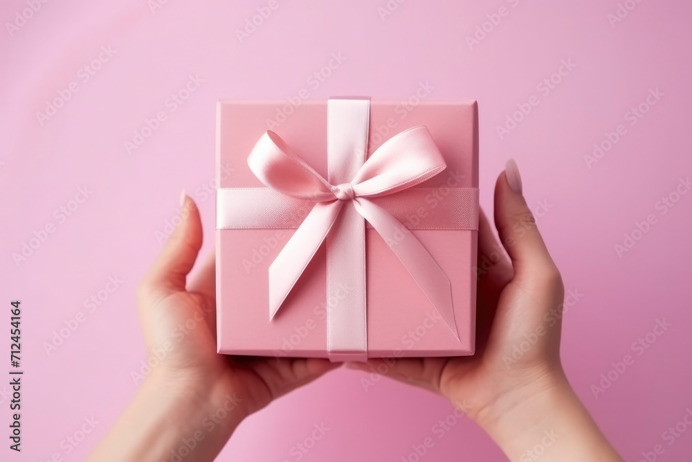 Hands of young woman holding beautiful gift box with pink ribbon on pink background flat lay. Surprise gift in hands close-up. Congratulations on the holiday, March 8, Mother's Day Hands of young woman holding beautiful gift box with pink ribbon on pink background flat lay. Surprise gift in hands close-up. Congratulations on the holiday, March 8, Mother's Day