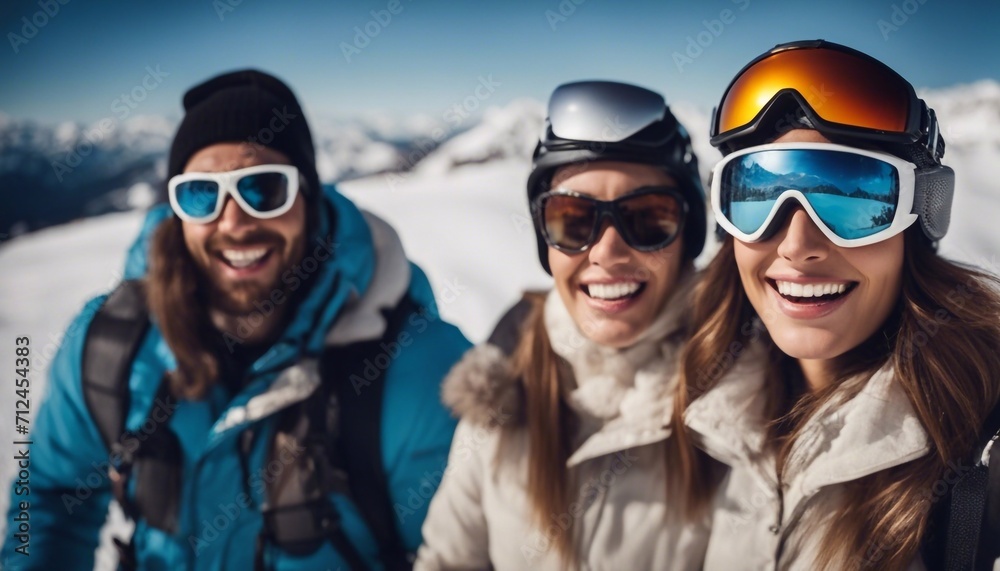 Cheerful friends having fun after skiing in mountains resort with snow equipment. Happy young people relaxing at restaurant terrace with snowy mountains on background. Travel in winter time concept