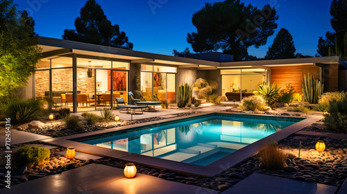 California Dreamin': Nighttime Luxury Mansion with Pool, Patio, and Illuminated Outdoor Spaces. © Taslima