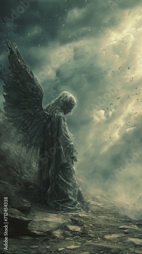 A Fallen Angel Background capturing the Essence of a Celestial being Cast Down - The Fallen Angel is the Focal Point portrayed with Ethereal Sorrowful Features created with Generative AI Technology photo