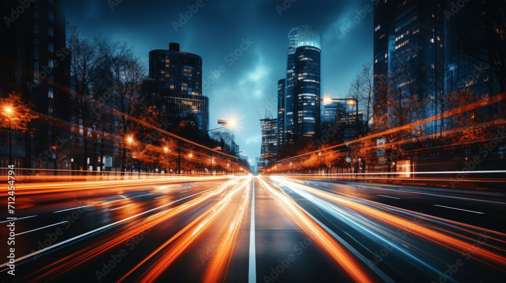 Long exposure photo of a night road in a metropolis. Nighttime atmospheric light from cars. Generative AI