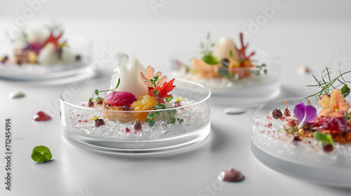 Creative, Michelin-starred dishes that use different ingredients, creative shapes, and food set against a pure white background. Culinary art.