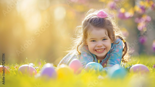 Happy smiling little baby girl playing with colorful Easter eggs on the green grass © Mari
