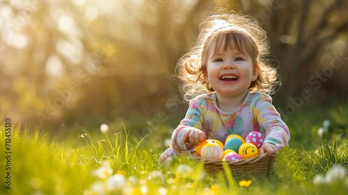 Happy smiling little baby girl playing with colorful Easter eggs on the green grass