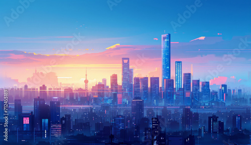 Cityscape, background and wallpaper building design for business, backdrop or printing. Color, creative art and beautiful texture painting for interior artwork, copyspace and creativity inspiration