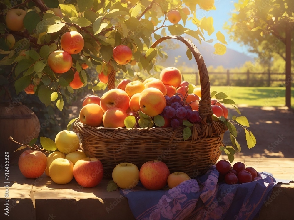 Sunkissed Orchard Harmony: A Hyperrealistic Digital Painting of Abundant Fruit Basket - AI Generated Sunkissed Orchard Harmony: A Hyperrealistic Digital Painting of Abundant Fruit Basket - AI Generated