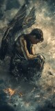A Fallen Angel Background capturing the Essence of a Celestial being Cast Down - The Fallen Angel is the Focal Point portrayed with Ethereal Sorrowful Features created with Generative AI Technology
