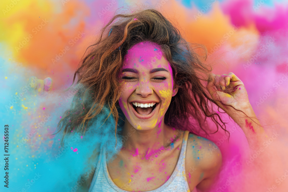 Face of happy young woman at Holi festival in India, adult girl stained with paint having fun, female tourist portrait on powder background. Concept of color, party, travel people Face of happy young woman at Holi festival in India, adult girl stained with paint having fun, female tourist portrait on powder background. Concept of color, party, travel people