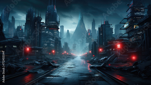Cyberpunk city at night, dark deserted neon street for dystopia and future theme. Gloomy urban landscape with futuristic buildings. Concept of metaverse, technology, cyber