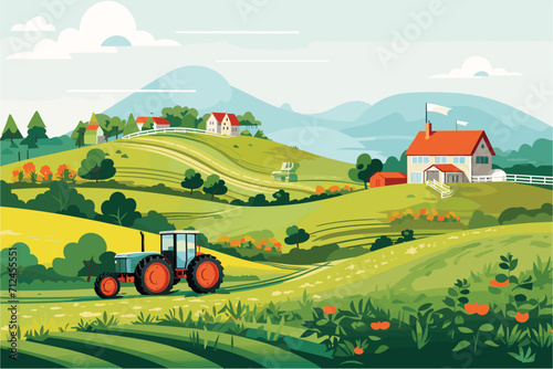 Tractor working on farmed land, Farm tractor in the field, Agriculture and farming