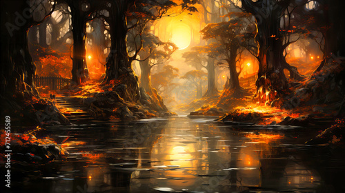 Mystical Forest Enchantment: Fantasy Landscape with Autumn Trees, Mist, and Sun Breaking Through