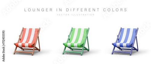 Set of wooden folding chairs for outdoor recreation. Beach furniture. Striped lounger of different colors. Comfortable rest, sunbathing. Vector realistic objects with shadows