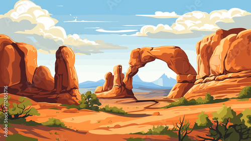 simple vector illustration, simple colors, arches national park. Tourist destination, travel destination. Famous tourist attraction. Amazing natural arches in arches national park, a must-see tourist 