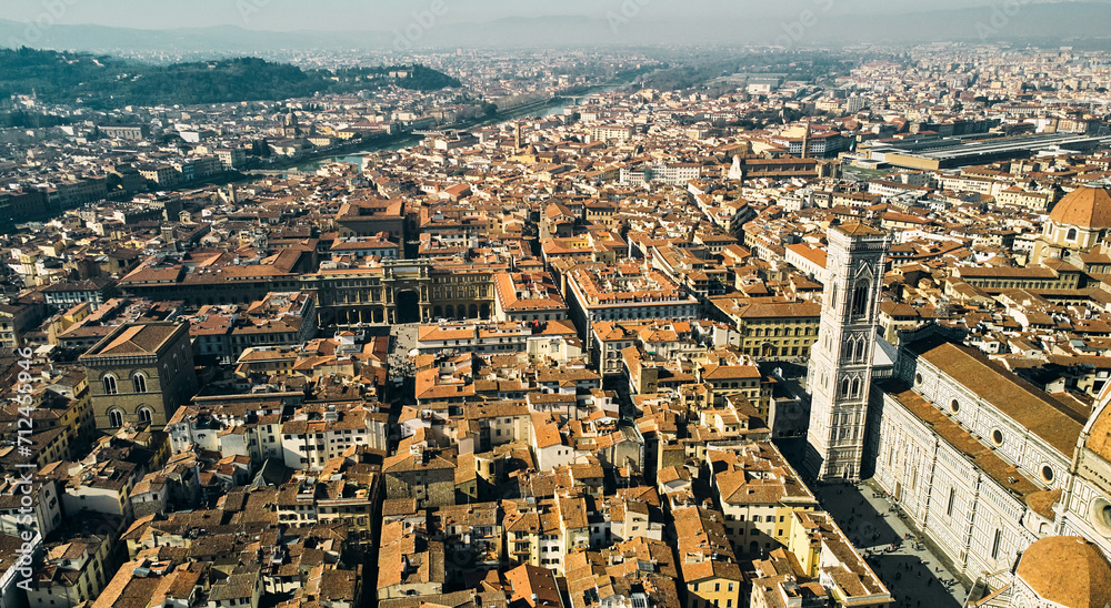 Aerial view of Florence architecture and Cathedral of Santa Maria del Fiore. High quality photo