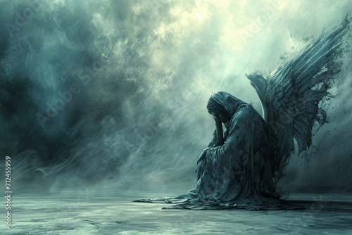 A Fallen Angel Background capturing the Essence of a Celestial being Cast Down - The Fallen Angel is the Focal Point portrayed with Ethereal Sorrowful Features created with Generative AI Technology photo