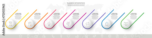 Line vector minimal infographic with 7 circles. Modern timeline business concept with seven steps by step for diagram, chart, flowchart, levels, graphic, app, web