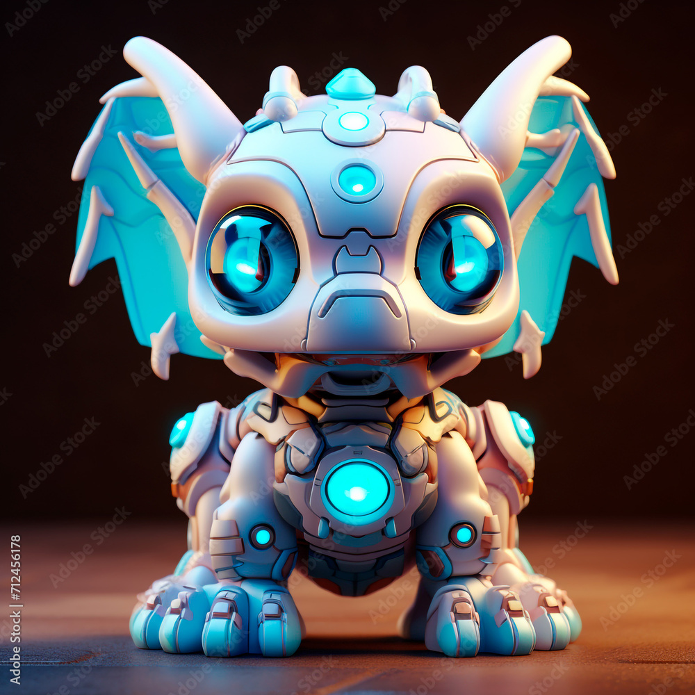 A mech art toy of a dragon, super cute with an evil face, huge wings, neon thrusters and eyes, chubby skin and robot-like mechanics. 3D rendering design illustration. A mech art toy of a dragon, super cute with an evil face, huge wings, neon thrusters and eyes, chubby skin and robot-like mechanics. 3D rendering design illustration.