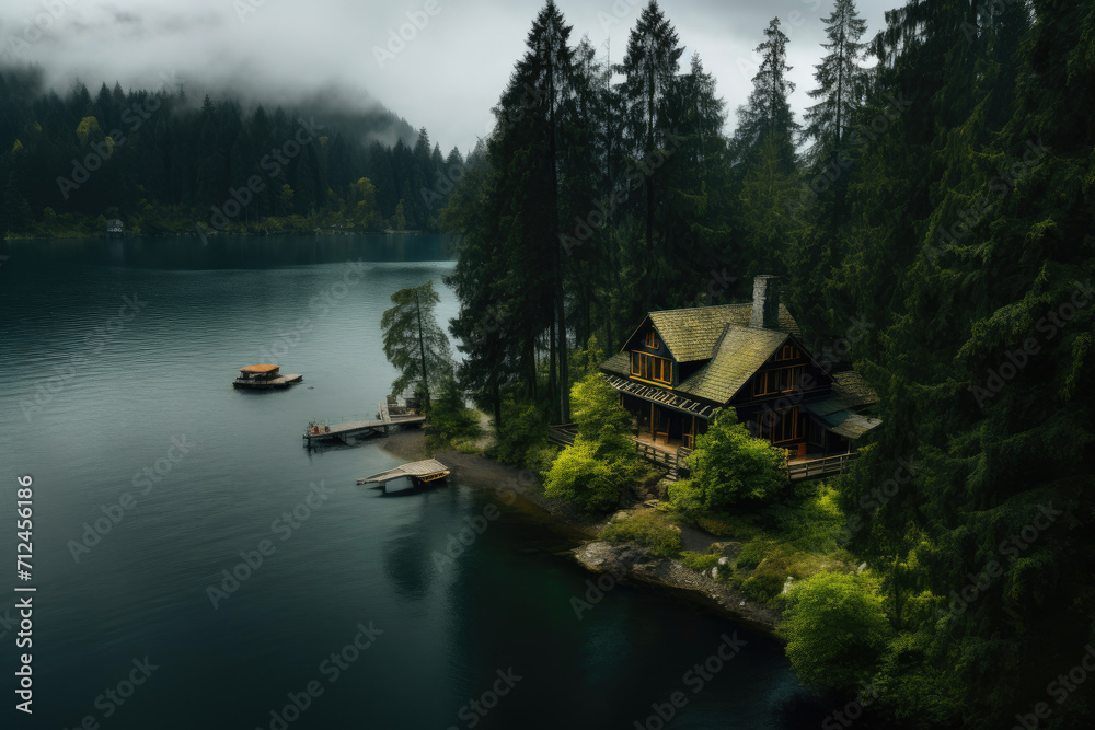Rustic Charm from Above: Cabin by the Lake
