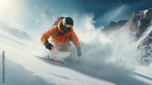 Snowboarder in orange suit who is snowboarding down the snowy mountain