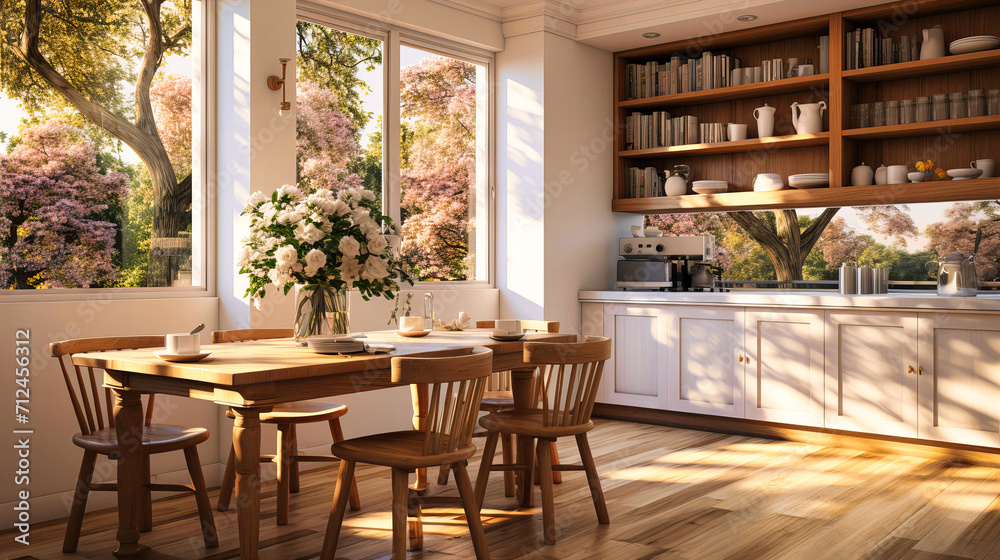 Nordic Kitchen Elegance: White Interior with Wooden Accents, Bright Atmosphere, and Comfortable Dining Space.