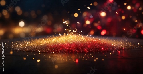 A Symphony of Colors Experience the Dazzling Display of Gold and Dark Red Fireworks, Enhanced by Bokeh Elements, in Crystal-Clear 4K HD Shot with a 50mm Lens. Abstract Holiday Background with Copy Spa
