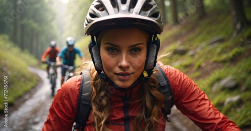 Adrenaline Rush Feel the Intensity as a Helmeted and Goggled Young Woman Takes on a Steep Descent on a Mountainbike. Immerse Yourself in the Action with 4K HD Footage Shot at 50mm