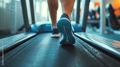 Close up of feet, sportman runner running on treadmill in fitness club. The individual, a dedicated athlete, is actively training in the gym, emphasizing a commitment to a healthy lifestyle. © David